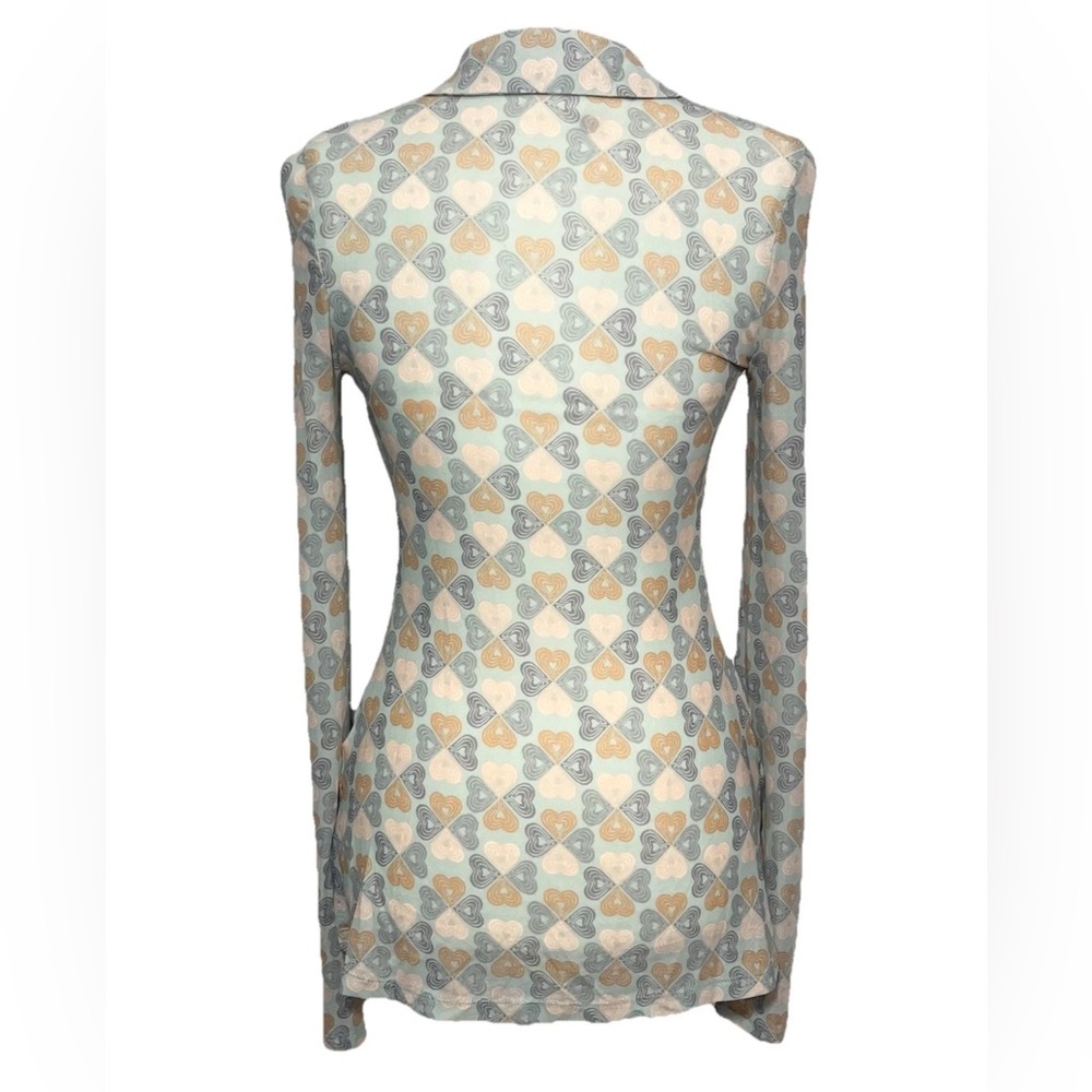 Free People Size XS Mesh Sheer Top Button Front Heart Print Stretch NWOT - Picture 3 of 9
